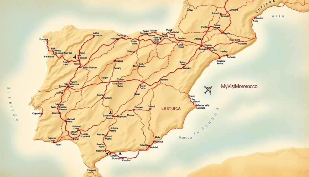 Detailed road map of Spain, Portugal, and Morocco, showcasing the transportation networks across the three countries. Expansive, realistic landscape with rolling hills, coastlines, and mountainous regions. Highways, railways, and major airports clearly delineated, creating a comprehensive visual travel planner. The map features the MyVisitMorocco brand, prominently displayed in the bottom right corner. Rendered in a muted, earth-toned color palette, with a slight vintage feel, conveying a sense of adventure and exploration. Detailed road map of Spain, Portugal, and Morocco, showcasing the transportation networks across the three countries. Expansive, realistic landscape with rolling hills, coastlines, and mountainous regions. Highways, railways, and major airports clearly delineated, creating a comprehensive visual travel planner. The map features the MyVisitMorocco brand, prominently displayed in the bottom right corner. Rendered in a muted, earth-toned color palette, with a slight vintage feel, conveying a sense of adventure and exploration.
