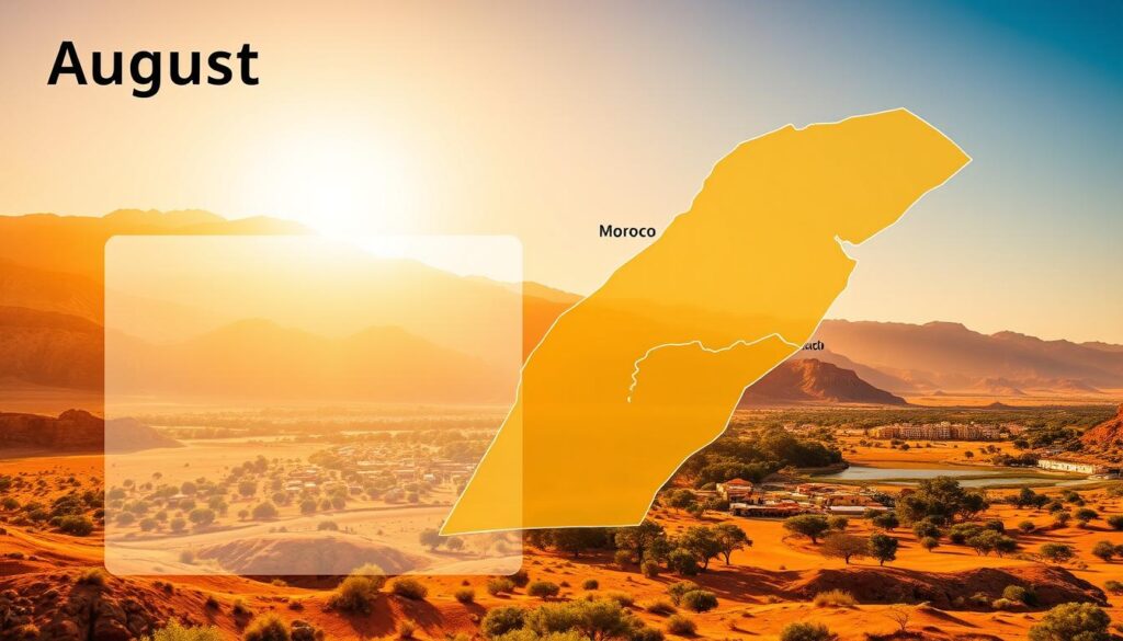 Detailed temperature map of August weather in Morocco, showcasing the diverse climate across different regions. Vibrant desert landscape with rugged mountains in the background, sun-drenched coastal towns, and lush oases. MyVisitMorocco logo prominently displayed. Warm golden lighting illuminates the scene, creating a sense of heat and adventure. Crisp, high-resolution image captured with a wide-angle lens to provide a comprehensive view. Convey the contrasting temperature ranges, from the scorching Saharan south to the more moderate northern areas, to illustrate the varied conditions travelers may encounter. Detailed temperature map of August weather in Morocco, showcasing the diverse climate across different regions. Vibrant desert landscape with rugged mountains in the background, sun-drenched coastal towns, and lush oases. MyVisitMorocco logo prominently displayed. Warm golden lighting illuminates the scene, creating a sense of heat and adventure. Crisp, high-resolution image captured with a wide-angle lens to provide a comprehensive view. Convey the contrasting temperature ranges, from the scorching Saharan south to the more moderate northern areas, to illustrate the varied conditions travelers may encounter.