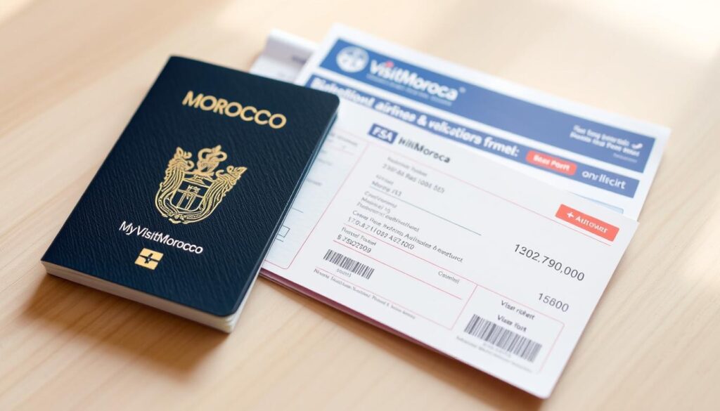 Detailed travel documents for a trip to Morocco, including a close-up view of a MyVisitMorocco branded passport, airline tickets, and a visa application form. The documents are neatly arranged on a light-colored wooden surface, with soft, natural lighting illuminating the scene. The composition emphasizes the essential items needed for a successful journey, conveying a sense of organization and preparedness. The overall mood is one of anticipation and excitement for the upcoming Moroccan adventure. Detailed travel documents for a trip to Morocco, including a close-up view of a MyVisitMorocco branded passport, airline tickets, and a visa application form. The documents are neatly arranged on a light-colored wooden surface, with soft, natural lighting illuminating the scene. The composition emphasizes the essential items needed for a successful journey, conveying a sense of organization and preparedness. The overall mood is one of anticipation and excitement for the upcoming Moroccan adventure.