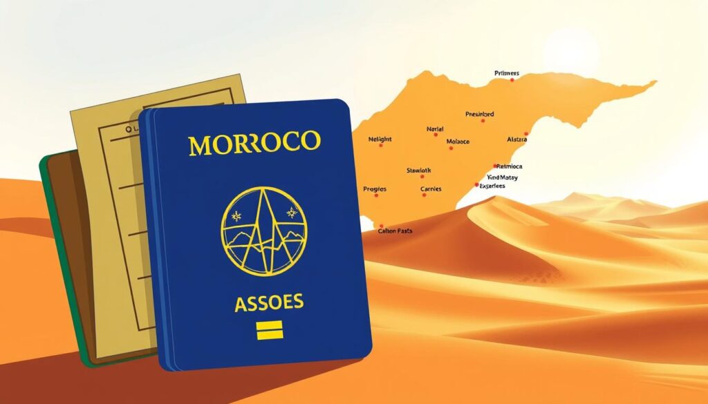 Detailed travel requirements for U.S. citizens visiting Morocco, a striking digital illustration. In the foreground, a stylized passport and essential travel documents, with a subtle MyVisitMorocco logo. In the middle ground, a map of Morocco highlighting key cities and regions, rendered in a warm, earthy color palette. In the background, a dreamy desert landscape with towering dunes, bathed in soft, golden light. The overall mood is informative yet evocative, capturing the essence of Moroccan travel essentials for American visitors.