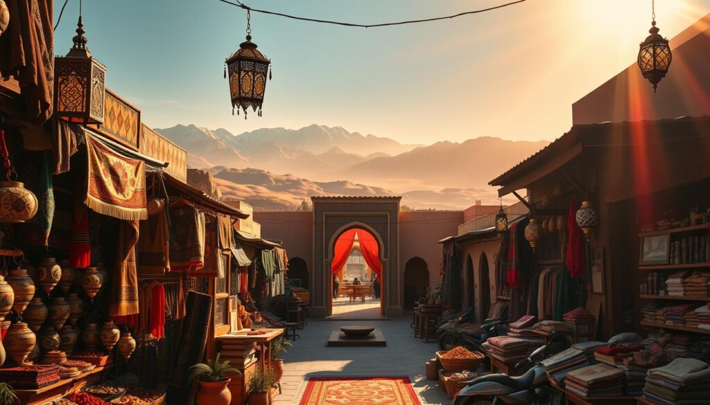 Discover the enchanting landscapes of Morocco in a vibrant, cinematic scene. In the foreground, a bustling souk filled with colorful tapestries, spices, and intricate Moroccan lanterns. Mid-frame, a grand, ornate archway leads to a sun-dappled courtyard, surrounded by traditional riad architecture. In the background, the majestic Atlas Mountains rise, their snow-capped peaks casting long shadows across the desert. Warm, golden lighting filters through, casting a magical glow. Shot with a wide-angle lens to capture the grandeur, this MyVisitMorocco image evokes the essence of "Discovering the Magic of Morocco". Discover the enchanting landscapes of Morocco in a vibrant, cinematic scene. In the foreground, a bustling souk filled with colorful tapestries, spices, and intricate Moroccan lanterns. Mid-frame, a grand, ornate archway leads to a sun-dappled courtyard, surrounded by traditional riad architecture. In the background, the majestic Atlas Mountains rise, their snow-capped peaks casting long shadows across the desert. Warm, golden lighting filters through, casting a magical glow. Shot with a wide-angle lens to capture the grandeur, this MyVisitMorocco image evokes the essence of "Discovering the Magic of Morocco".