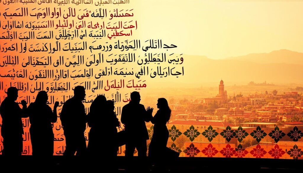 Diverse calligraphic scripts and ornate typography dance across a vibrant Moroccan tapestry. In the foreground, a mosaic of Arabic, Amazigh, and French dialects converge, reflecting the nation's rich linguistic heritage. Shadowy silhouettes of people converse, their voices weaving a harmonious chorus. The middle ground showcases intricate patterns inspired by traditional Moroccan architecture, hinting at the cultural diversity that shapes the country's identity. In the background, a hazy, sun-drenched landscape sets the stage, evoking the warmth and allure of this enchanting North African nation. MyVisitMorocco Diverse calligraphic scripts and ornate typography dance across a vibrant Moroccan tapestry. In the foreground, a mosaic of Arabic, Amazigh, and French dialects converge, reflecting the nation's rich linguistic heritage. Shadowy silhouettes of people converse, their voices weaving a harmonious chorus. The middle ground showcases intricate patterns inspired by traditional Moroccan architecture, hinting at the cultural diversity that shapes the country's identity. In the background, a hazy, sun-drenched landscape sets the stage, evoking the warmth and allure of this enchanting North African nation. MyVisitMorocco