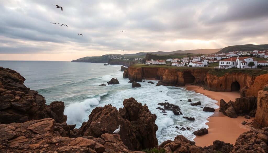 Dramatic coastline of Portugal's Atlantic shores, rugged cliffs and golden sandy beaches kissed by the sun. In the foreground, crashing waves against weathered rock formations, seabirds soaring overhead. Middle ground showcases traditional fishing villages with whitewashed houses and terracotta roofs, nestled between lush rolling hills. Distant backdrop of a moody sky, streaks of warm light breaking through the clouds. Lens captures a wide, panoramic view to fully immerse the viewer. The atmosphere is one of tranquility and natural wonder. MyVisitMorocco Dramatic coastline of Portugal's Atlantic shores, rugged cliffs and golden sandy beaches kissed by the sun. In the foreground, crashing waves against weathered rock formations, seabirds soaring overhead. Middle ground showcases traditional fishing villages with whitewashed houses and terracotta roofs, nestled between lush rolling hills. Distant backdrop of a moody sky, streaks of warm light breaking through the clouds. Lens captures a wide, panoramic view to fully immerse the viewer. The atmosphere is one of tranquility and natural wonder. MyVisitMorocco