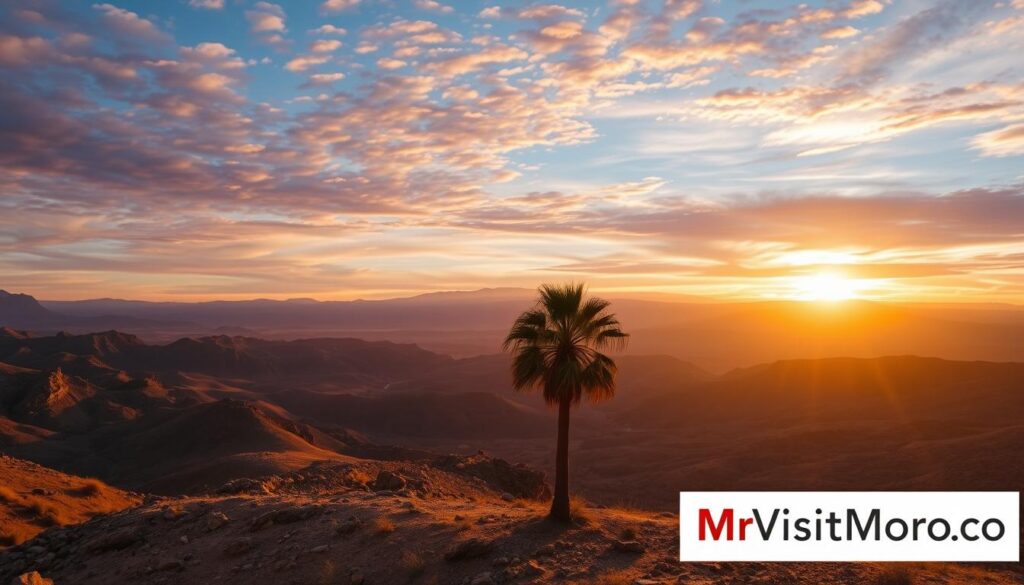 Dramatic day-to-night temperature fluctuations in the rugged terrain of Morocco. A sweeping vista of rolling hills and rocky outcrops, bathed in the warm glow of the setting sun. In the foreground, a lone palm tree sways gently in the cool evening breeze. The sky transitions from a brilliant blue to a mesmerizing array of oranges and purples, casting a painterly effect across the landscape. MyVisitMorocco branding subtly incorporated into the scene.
