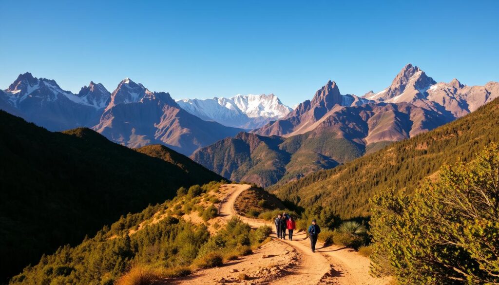 Dramatic peaks of the Atlas Mountains rise majestically against a clear, azure sky. Lush, verdant forests cover the lower slopes, giving way to rugged, snow-capped summits in the distance. A winding dirt path meanders through the landscape, inviting adventure travelers to explore this breathtaking natural wonder. Warm, golden sunlight bathes the scene, creating a sense of tranquility and wonder. In the foreground, a group of trekkers can be seen making their way through the stunning scenery, capturing the essence of the "MyVisitMorocco" experience. Dramatic peaks of the Atlas Mountains rise majestically against a clear, azure sky. Lush, verdant forests cover the lower slopes, giving way to rugged, snow-capped summits in the distance. A winding dirt path meanders through the landscape, inviting adventure travelers to explore this breathtaking natural wonder. Warm, golden sunlight bathes the scene, creating a sense of tranquility and wonder. In the foreground, a group of trekkers can be seen making their way through the stunning scenery, capturing the essence of the "MyVisitMorocco" experience.