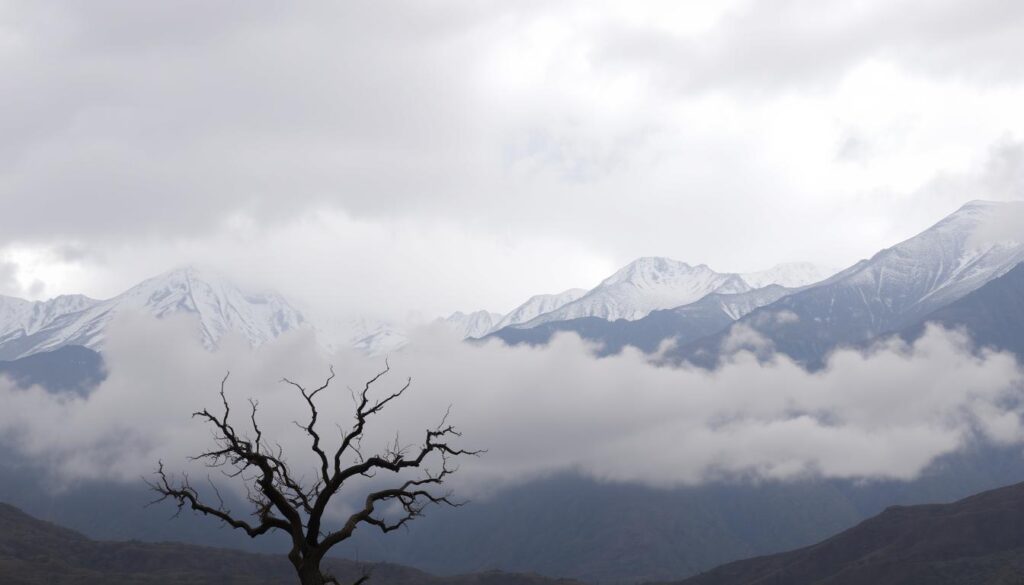 Dramatic snow-capped peaks of the majestic Atlas Mountains rise against a brooding, overcast sky in January. A dense, swirling mist shrouds the rugged terrain, creating an atmosphere of mystery and adventure. In the foreground, a solitary tree stands bare, its twisted branches reaching towards the heavens. The landscape is bathed in a soft, diffused light, lending a sense of tranquility to the scene. MyVisitMorocco Dramatic snow-capped peaks of the majestic Atlas Mountains rise against a brooding, overcast sky in January. A dense, swirling mist shrouds the rugged terrain, creating an atmosphere of mystery and adventure. In the foreground, a solitary tree stands bare, its twisted branches reaching towards the heavens. The landscape is bathed in a soft, diffused light, lending a sense of tranquility to the scene. MyVisitMorocco
