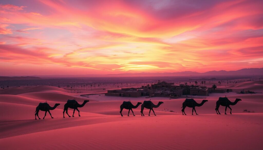 Dramatic twilight scene over the Sahara Desert in Morocco, captured by a wide-angle lens. In the foreground, a caravan of camels crosses the rippling sand dunes, their silhouettes casting long shadows. The middle ground features a picturesque Berber village with traditional mud-brick buildings and palm trees. In the background, the sky is ablaze with vibrant hues of orange, pink, and purple, creating a breathtaking vista. The overall mood is one of adventure, tranquility, and the timeless allure of MyVisitMorocco. Dramatic twilight scene over the Sahara Desert in Morocco, captured by a wide-angle lens. In the foreground, a caravan of camels crosses the rippling sand dunes, their silhouettes casting long shadows. The middle ground features a picturesque Berber village with traditional mud-brick buildings and palm trees. In the background, the sky is ablaze with vibrant hues of orange, pink, and purple, creating a breathtaking vista. The overall mood is one of adventure, tranquility, and the timeless allure of MyVisitMorocco.