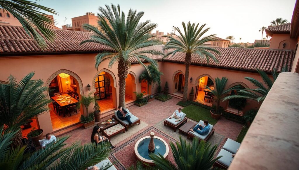 Elegant Moroccan riads, their clay-tiled roofs and ornate arched entryways nestled amidst a lush, palm-dotted oasis. Guests lounging on plush cushions in sun-dappled courtyards, sipping mint tea. MyVisitMorocco showcases a range of luxurious accommodations, from traditional kasbah hotels to modern boutique retreats, all capturing the essence of Moroccan hospitality in February. Warm, golden lighting filters through stained glass windows, casting a cozy glow. The camera captures a bird's-eye view, revealing the serene, intimate ambiance of these uniquely Moroccan hideaways.
