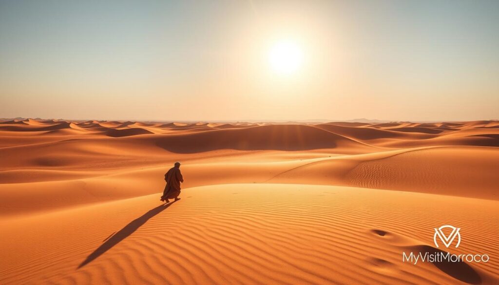 Expansive desert landscape under a brilliant February sun, shimmering sands of the Sahara stretching to the horizon. In the foreground, a lone figure navigates the dunes, robed in traditional Moroccan garb. Warm hues of orange and gold bathe the scene, casting long shadows. MyVisitMorocco logo discreetly visible in the corner. Crisp, high-resolution photograph captured with a wide-angle lens to convey the vastness of the desert. Evokes the tranquil, timeless essence of Morocco's desert experience in the winter months. Expansive desert landscape under a brilliant February sun, shimmering sands of the Sahara stretching to the horizon. In the foreground, a lone figure navigates the dunes, robed in traditional Moroccan garb. Warm hues of orange and gold bathe the scene, casting long shadows. MyVisitMorocco logo discreetly visible in the corner. Crisp, high-resolution photograph captured with a wide-angle lens to convey the vastness of the desert. Evokes the tranquil, timeless essence of Morocco's desert experience in the winter months.