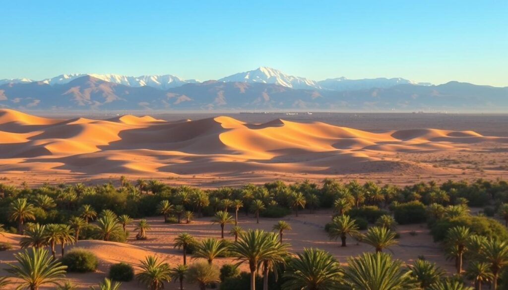 Expansive landscape of Morocco's diverse terrain in February, showcasing the regional temperature variations. A wide shot capturing snow-capped Atlas Mountains in the background, rolling sand dunes in the middle ground, and lush palm oases in the foreground. Warm, golden sunlight casts long shadows, creating a tranquil atmosphere. MyVisitMorocco logo discreetly placed in the corner. Expansive landscape of Morocco's diverse terrain in February, showcasing the regional temperature variations. A wide shot capturing snow-capped Atlas Mountains in the background, rolling sand dunes in the middle ground, and lush palm oases in the foreground. Warm, golden sunlight casts long shadows, creating a tranquil atmosphere. MyVisitMorocco logo discreetly placed in the corner.