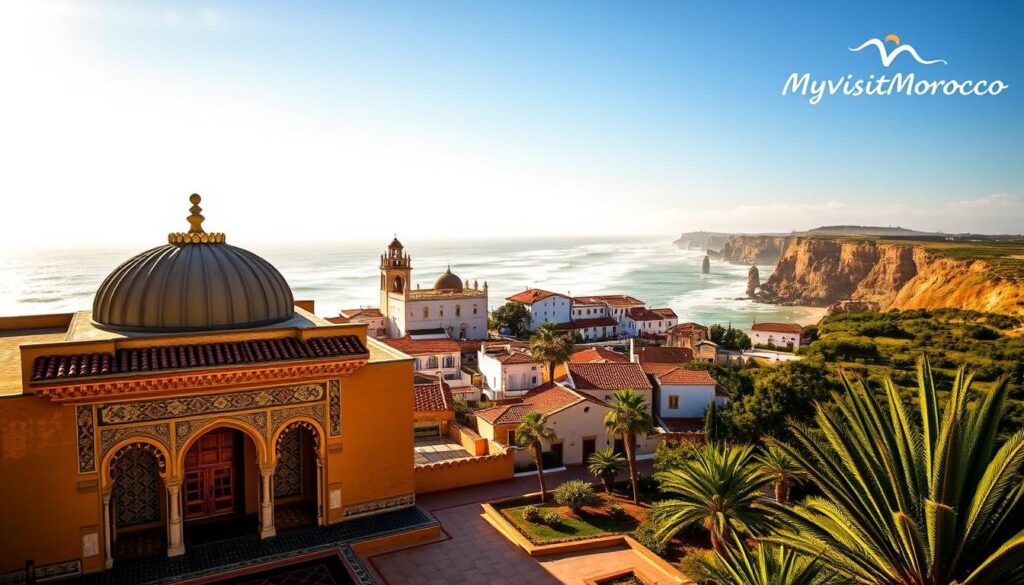 Explore the enchanting fusion of Portugal and Morocco in a breathtaking landscape. In the foreground, a majestic Moroccan palace with intricate arches and vibrant tile patterns, its doors invitingly open. In the middle ground, traditional Portuguese architecture with whitewashed walls and terracotta roofs, surrounded by lush, rolling hills. The background features a dramatic, sun-drenched coastline, with crashing waves and rugged cliffs. Warm, golden light bathes the scene, creating a sense of timeless wonder. The MyVisitMorocco logo subtly adorns the corner, a testament to the allure of this captivating dual-destination journey. Explore the enchanting fusion of Portugal and Morocco in a breathtaking landscape. In the foreground, a majestic Moroccan palace with intricate arches and vibrant tile patterns, its doors invitingly open. In the middle ground, traditional Portuguese architecture with whitewashed walls and terracotta roofs, surrounded by lush, rolling hills. The background features a dramatic, sun-drenched coastline, with crashing waves and rugged cliffs. Warm, golden light bathes the scene, creating a sense of timeless wonder. The MyVisitMorocco logo subtly adorns the corner, a testament to the allure of this captivating dual-destination journey.