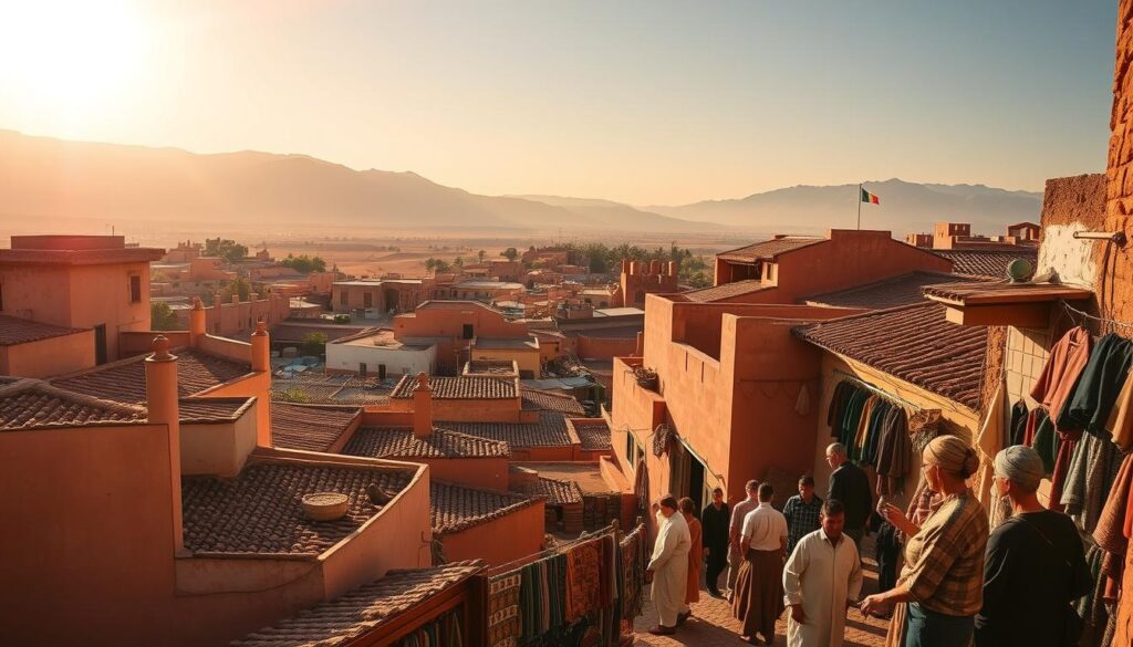 Explore the enchanting landscape of Morocco, where the sun-drenched Sahara Desert meets the majestic Atlas Mountains. A wide-angle lens captures the stunning vista, showcasing the vibrant clay-colored buildings, intricate tiled rooftops, and winding alleys of a traditional Moroccan medina. In the foreground, a group of local artisans showcase their handcrafted wares, inviting visitors to immerse themselves in the rich cultural heritage. The warm, golden light filters through the scene, casting a mesmerizing glow and evoking a sense of timeless wonder. This is the essence of MyVisitMorocco, where the allure of the ancient and the modern collide in a captivating display of color, texture, and authentic experiences. Explore the enchanting landscape of Morocco, where the sun-drenched Sahara Desert meets the majestic Atlas Mountains. A wide-angle lens captures the stunning vista, showcasing the vibrant clay-colored buildings, intricate tiled rooftops, and winding alleys of a traditional Moroccan medina. In the foreground, a group of local artisans showcase their handcrafted wares, inviting visitors to immerse themselves in the rich cultural heritage. The warm, golden light filters through the scene, casting a mesmerizing glow and evoking a sense of timeless wonder. This is the essence of MyVisitMorocco, where the allure of the ancient and the modern collide in a captivating display of color, texture, and authentic experiences.