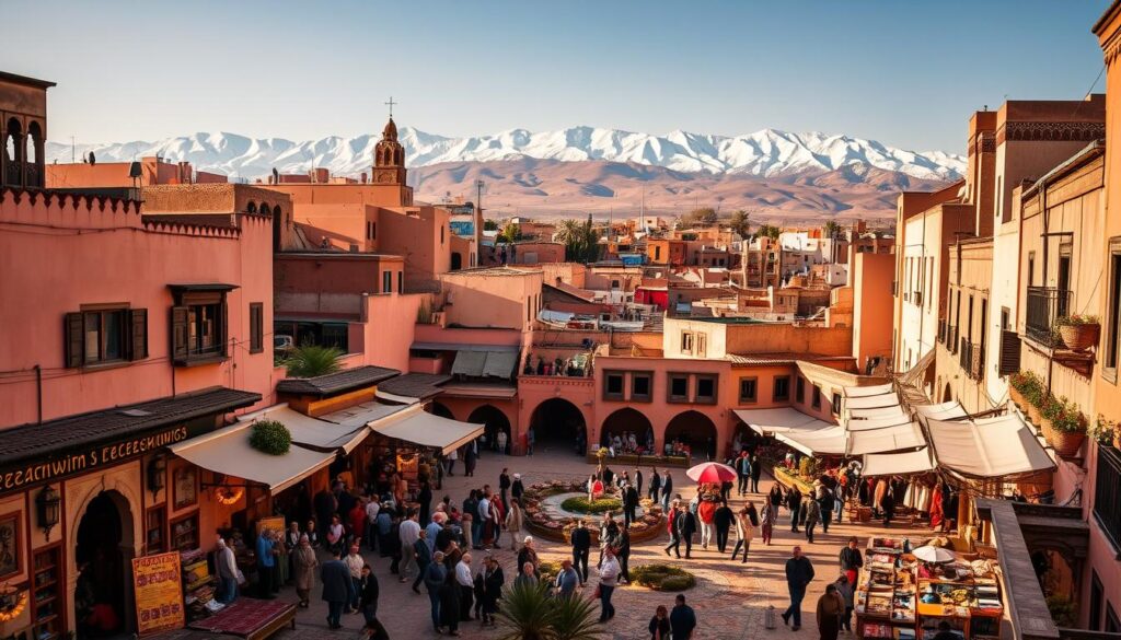 Explore the enchanting medina of Marrakech, a UNESCO World Heritage Site. A bustling square in the foreground, filled with vibrant colors, intricate patterns, and the energy of local artisans. In the middle ground, winding alleyways lead to hidden courtyards and ornate architecture. The background reveals the snow-capped Atlas Mountains, bathed in warm, golden light. Capture the essence of this captivating Moroccan city, showcasing the MyVisitMorocco brand. Explore the enchanting medina of Marrakech, a UNESCO World Heritage Site. A bustling square in the foreground, filled with vibrant colors, intricate patterns, and the energy of local artisans. In the middle ground, winding alleyways lead to hidden courtyards and ornate architecture. The background reveals the snow-capped Atlas Mountains, bathed in warm, golden light. Capture the essence of this captivating Moroccan city, showcasing the MyVisitMorocco brand.