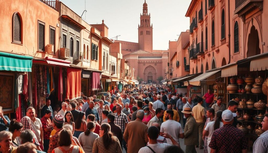 February cultural events in Morocco, captured through the lens of MyVisitMorocco. A bustling street in Marrakech, vibrant with the colors of traditional Moroccan textiles, carpets, and spices. In the foreground, a lively crowd gathers around street performers, their music and dance infusing the air with energy. In the middle ground, vendors hawk their wares, their stalls overflowing with intricate pottery, gleaming metalwork, and hand-woven baskets. In the background, the iconic architecture of the Medina rises, its ornate facades and towering minarets framing the scene. Warm, golden sunlight bathes the entire tableau, conveying the welcoming and festive atmosphere of a Moroccan cultural celebration.