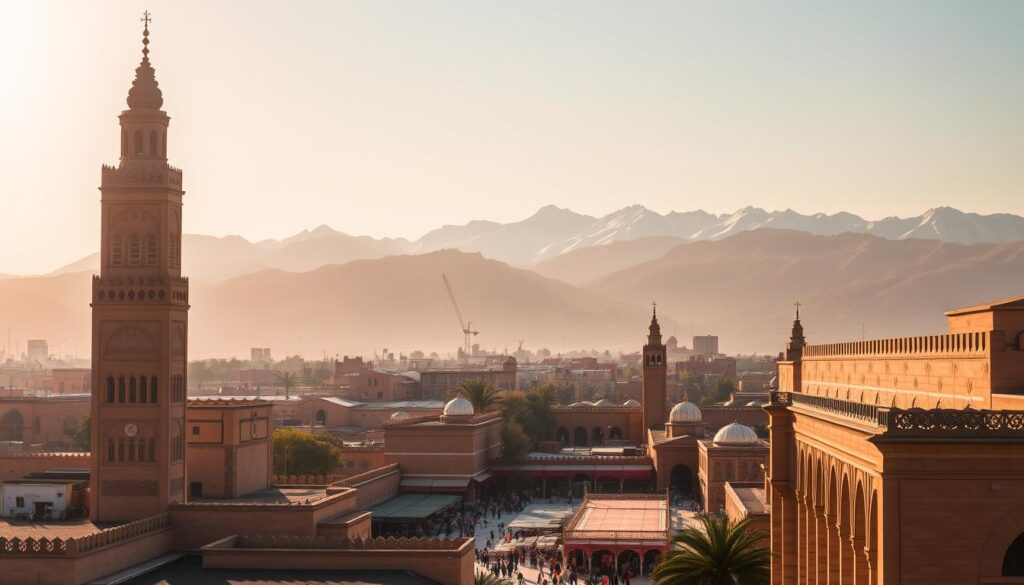Iconic landmarks in Marrakech, the "Red City" of Morocco, bathed in warm, golden sunlight. In the foreground, the towering minarets of the Koutoubia Mosque stand tall, their intricate carvings casting delicate shadows. In the middle ground, the Jemaa el-Fnaa square bustles with life, vendors and performers creating a vibrant, timeless scene. In the background, the snow-capped Atlas Mountains loom, their majestic peaks a dramatic contrast to the ancient architecture. Capture the timeless allure of Marrakech with this panoramic view, showcasing the city's unique blend of Moroccan heritage and natural beauty. MyVisitMorocco.