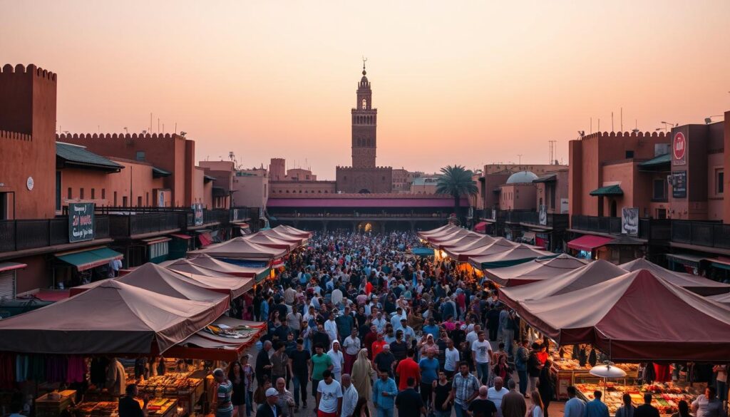 Jemaa el-Fnaa, the vibrant heart of Marrakech, bustling with energy and captivating sights. A wide open square, surrounded by towering ochre-colored buildings, where snake charmers, storytellers, and food vendors create a mesmerizing display. In the foreground, colorful tents and stalls offer an array of Moroccan handicrafts, spices, and traditional delicacies. The middle ground is filled with the lively crowd, their colorful attire and animated gestures adding to the dynamic atmosphere. In the background, the iconic minaret of the Koutoubia Mosque stands tall, its intricate architecture silhouetted against the warm, golden-hued sky. The scene is illuminated by a soft, diffused lighting, capturing the essence of MyVisitMorocco's charm and enchantment. Jemaa el-Fnaa, the vibrant heart of Marrakech, bustling with energy and captivating sights. A wide open square, surrounded by towering ochre-colored buildings, where snake charmers, storytellers, and food vendors create a mesmerizing display. In the foreground, colorful tents and stalls offer an array of Moroccan handicrafts, spices, and traditional delicacies. The middle ground is filled with the lively crowd, their colorful attire and animated gestures adding to the dynamic atmosphere. In the background, the iconic minaret of the Koutoubia Mosque stands tall, its intricate architecture silhouetted against the warm, golden-hued sky. The scene is illuminated by a soft, diffused lighting, capturing the essence of MyVisitMorocco's charm and enchantment.