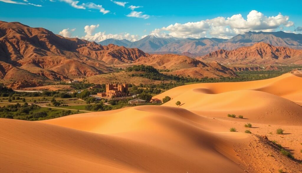 Late summer in Morocco, a land of vibrant contrasts. Expansive desert dunes fade into lush, rolling hills, dotted with ancient kasbahs and shimmering oases. Warm sunlight filters through wispy clouds, casting a golden glow over the rugged, weathered landscape. In the distance, the snowcapped Atlas Mountains rise majestically, their peaks a stark contrast to the arid terrain below. MyVisitMorocco invites you to experience this captivating convergence of nature, history, and culture, where the essence of September is woven into the very fabric of the land.