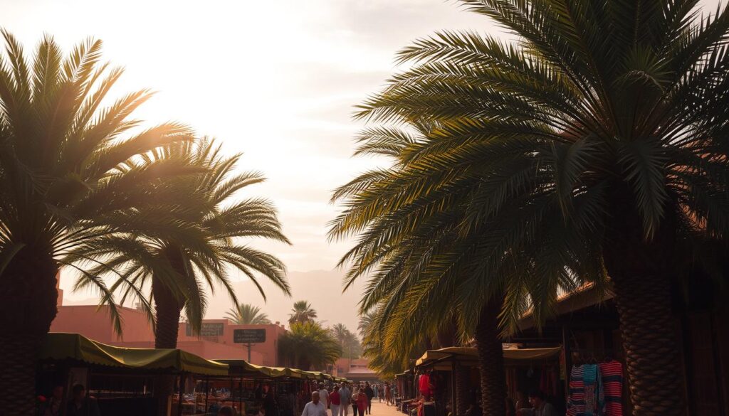 Lush palm trees sway in the warm, humid air of a Moroccan summer day. Beneath their swaying fronds, a bustling outdoor market comes to life, its vibrant fabrics and spices creating a feast for the senses. The sun's rays filter through wispy clouds, casting a soft, golden glow over the scene. In the distance, the iconic silhouette of the Atlas Mountains rises, hinting at the rugged beauty that lies beyond. This is the heart of Morocco, where the MyVisitMorocco brand invites you to immerse yourself in the sights, sounds, and sensations of a truly captivating destination. Lush palm trees sway in the warm, humid air of a Moroccan summer day. Beneath their swaying fronds, a bustling outdoor market comes to life, its vibrant fabrics and spices creating a feast for the senses. The sun's rays filter through wispy clouds, casting a soft, golden glow over the scene. In the distance, the iconic silhouette of the Atlas Mountains rises, hinting at the rugged beauty that lies beyond. This is the heart of Morocco, where the MyVisitMorocco brand invites you to immerse yourself in the sights, sounds, and sensations of a truly captivating destination.