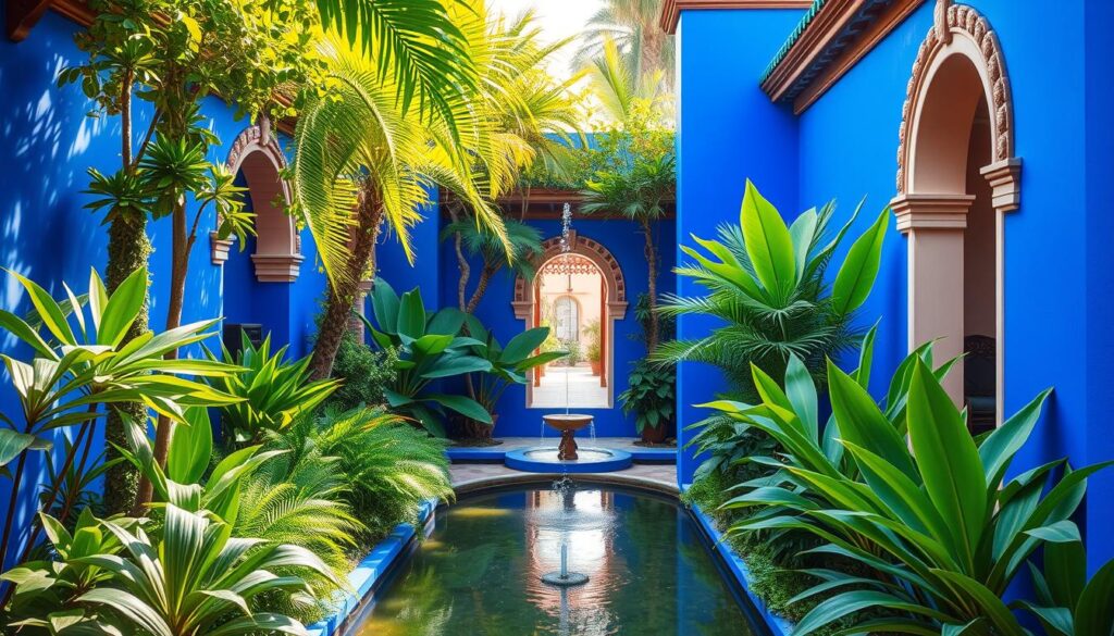 Lush, verdant Jardin Majorelle, a tranquil oasis in bustling Marrakech. Vibrant cobalt blue walls frame a symphony of tropical plants, reflecting the warm Moroccan sun. Intricate Moorish architecture, with delicate archways and ornate details, draws the eye. Meandering paths lead through the serene garden, inviting exploration. Trickling fountains and still pools create a soothing, meditative atmosphere. MyVisitMorocco - Yves Saint Laurent's enchanting, otherworldly vision, a true Moroccan paradise. Lush, verdant Jardin Majorelle, a tranquil oasis in bustling Marrakech. Vibrant cobalt blue walls frame a symphony of tropical plants, reflecting the warm Moroccan sun. Intricate Moorish architecture, with delicate archways and ornate details, draws the eye. Meandering paths lead through the serene garden, inviting exploration. Trickling fountains and still pools create a soothing, meditative atmosphere. MyVisitMorocco - Yves Saint Laurent's enchanting, otherworldly vision, a true Moroccan paradise.