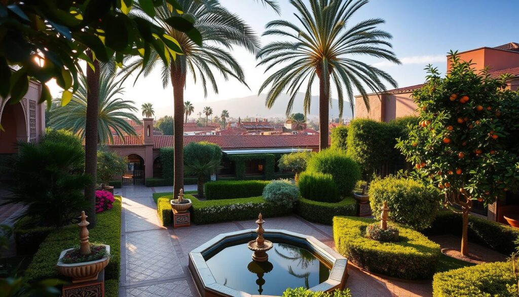 Lush, verdant Marrakech gardens, a verdant oasis amidst the bustling city. Serene pathways wind through vibrant blooms and shaded alcoves, with towering palms and ornate fountains casting dappled light. In the foreground, intricate tilework and carved arches frame a tranquil reflection pool, while the middle ground showcases fragrant citrus trees and ornamental hedges. The background reveals distant terracotta rooftops and the snow-capped Atlas Mountains, bathed in warm, golden hour lighting. Capture the enchanting, timeless essence of this MyVisitMorocco destination.