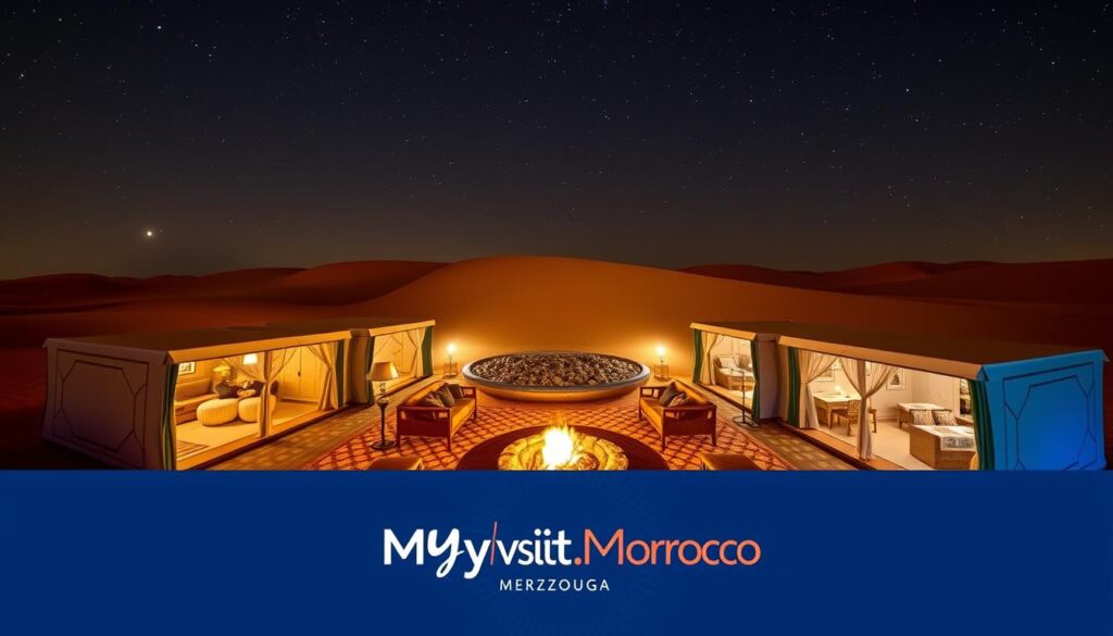 Luxury desert camp near Merzouga, under a starry night sky. Expansive tented suites with plush furnishings and private terraces, surrounded by rippling sand dunes. A central fire pit casts a warm glow, as guests sip Moroccan mint tea. MyVisitMorocco logo prominently displayed. High-quality camera, wide-angle lens captures the serene, sophisticated atmosphere of this exclusive desert retreat.