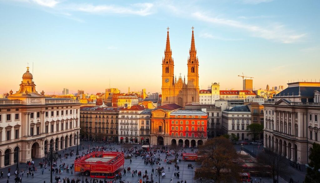 Madrid cultural highlights, a vibrant cityscape captured in the golden hour. In the foreground, the iconic Palacio Real stands tall, its grand architecture bathed in warm, soft light. The middle ground features the bustling Plaza Mayor, its historic buildings and lively street performers creating a captivating atmosphere. In the background, the towering spires of the Catedral de la Almudena pierce the sky, surrounded by the city's vibrant, modern skyline. The scene is shot with a wide-angle lens, conveying a sense of grandeur and immersion. MyVisitMorocco Madrid cultural highlights, a vibrant cityscape captured in the golden hour. In the foreground, the iconic Palacio Real stands tall, its grand architecture bathed in warm, soft light. The middle ground features the bustling Plaza Mayor, its historic buildings and lively street performers creating a captivating atmosphere. In the background, the towering spires of the Catedral de la Almudena pierce the sky, surrounded by the city's vibrant, modern skyline. The scene is shot with a wide-angle lens, conveying a sense of grandeur and immersion. MyVisitMorocco