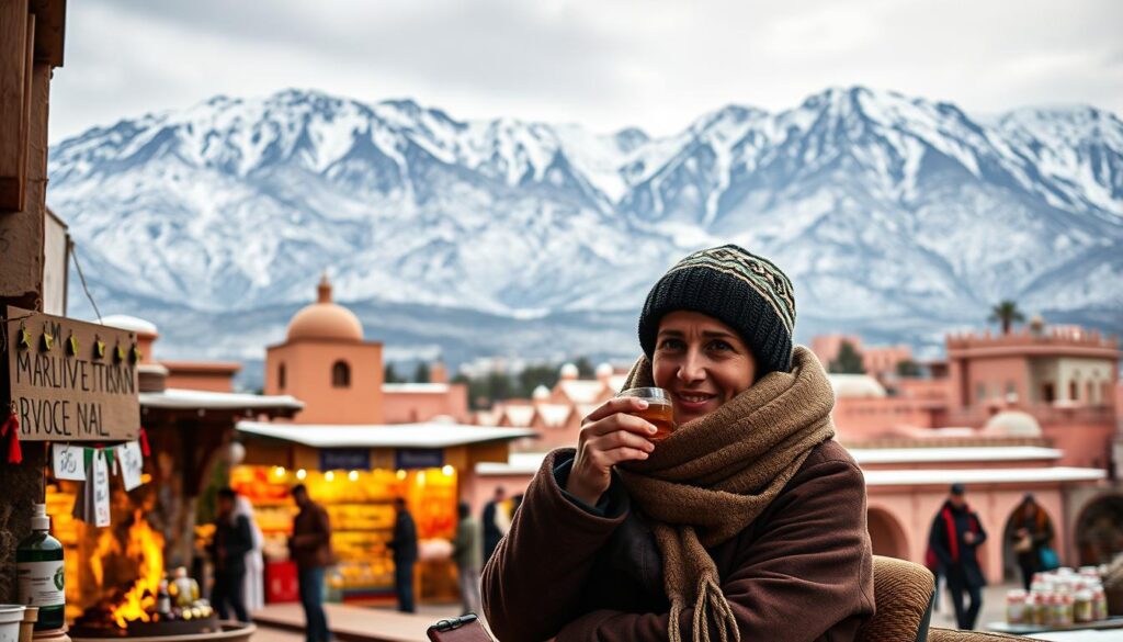 Majestic Atlas Mountains dusted with snow, a serene Moroccan winter landscape. In the foreground, a traveler bundled in warm layers, sipping traditional mint tea by a cozy fireplace, MyVisitMorocco logo subtly visible. Middle ground features a bustling souk, vendors offering traditional remedies and healthcare essentials. Background reveals the iconic pink-hued architecture of Marrakech, illuminated by a soft golden glow under an overcast sky. Cinematic, realistic, 50mm focal length. Majestic Atlas Mountains dusted with snow, a serene Moroccan winter landscape. In the foreground, a traveler bundled in warm layers, sipping traditional mint tea by a cozy fireplace, MyVisitMorocco logo subtly visible. Middle ground features a bustling souk, vendors offering traditional remedies and healthcare essentials. Background reveals the iconic pink-hued architecture of Marrakech, illuminated by a soft golden glow under an overcast sky. Cinematic, realistic, 50mm focal length.