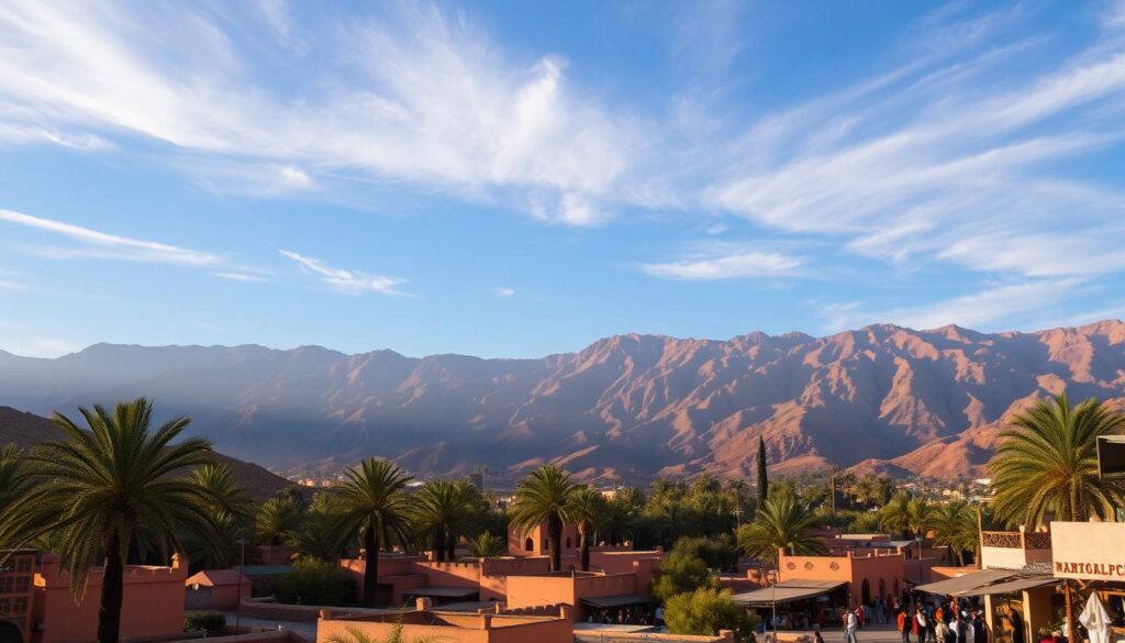 Majestic Atlas Mountains kissed by the warm Saharan breeze, casting long shadows across the sun-dappled landscape. In the foreground, a quaint Moroccan village nestled amidst lush palm groves, its ochre-hued buildings glowing with the golden light of early autumn. Merchants haggle in the bustling souk, the air alive with the scent of spices and the chatter of locals. Overhead, wispy cirrus clouds drift lazily across the deep azure sky, a scene of tranquil beauty captured by the lens of MyVisitMorocco. Majestic Atlas Mountains kissed by the warm Saharan breeze, casting long shadows across the sun-dappled landscape. In the foreground, a quaint Moroccan village nestled amidst lush palm groves, its ochre-hued buildings glowing with the golden light of early autumn. Merchants haggle in the bustling souk, the air alive with the scent of spices and the chatter of locals. Overhead, wispy cirrus clouds drift lazily across the deep azure sky, a scene of tranquil beauty captured by the lens of MyVisitMorocco.
