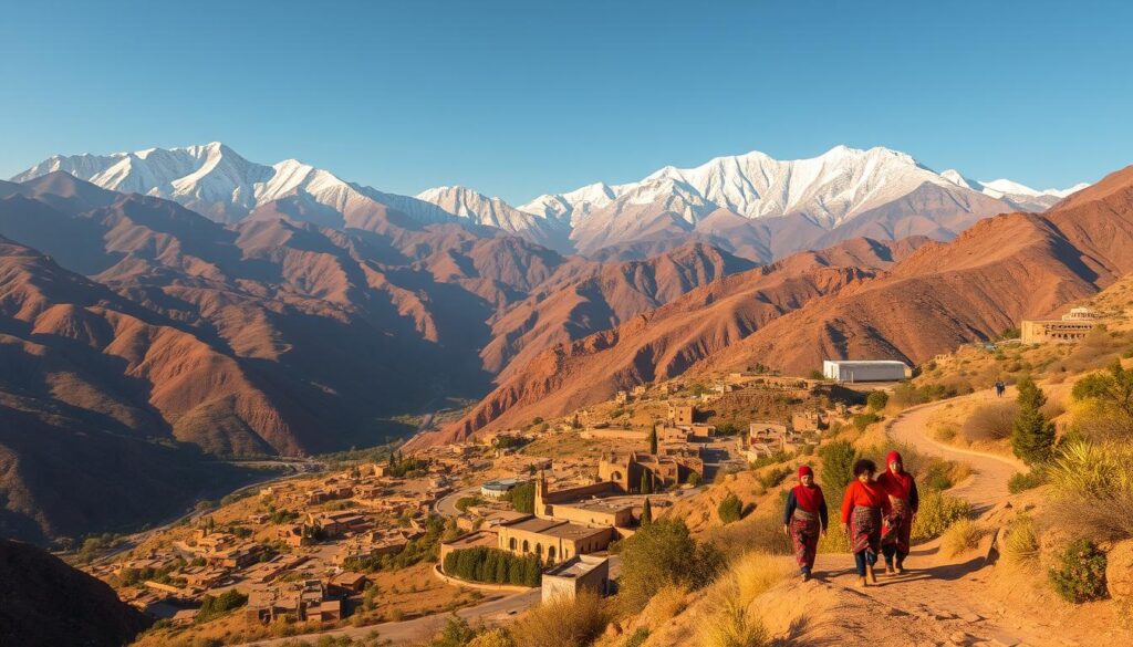 Majestic Atlas Mountains rise against a clear Moroccan sky, their snow-capped peaks glowing in golden light. Rugged, winding roads lead through lush valleys dotted with traditional Berber villages, their earthen-hued buildings and lush gardens blending seamlessly into the stunning natural landscape. In the foreground, a group of Berber people in vibrant traditional dress navigate the mountain paths, their colorful textiles and intricate jewelry creating a captivating scene. The entire vista is captured with a wide-angle lens, conveying the grand, awe-inspiring scale of this iconic Moroccan region. MyVisitMorocco Majestic Atlas Mountains rise against a clear Moroccan sky, their snow-capped peaks glowing in golden light. Rugged, winding roads lead through lush valleys dotted with traditional Berber villages, their earthen-hued buildings and lush gardens blending seamlessly into the stunning natural landscape. In the foreground, a group of Berber people in vibrant traditional dress navigate the mountain paths, their colorful textiles and intricate jewelry creating a captivating scene. The entire vista is captured with a wide-angle lens, conveying the grand, awe-inspiring scale of this iconic Moroccan region. MyVisitMorocco