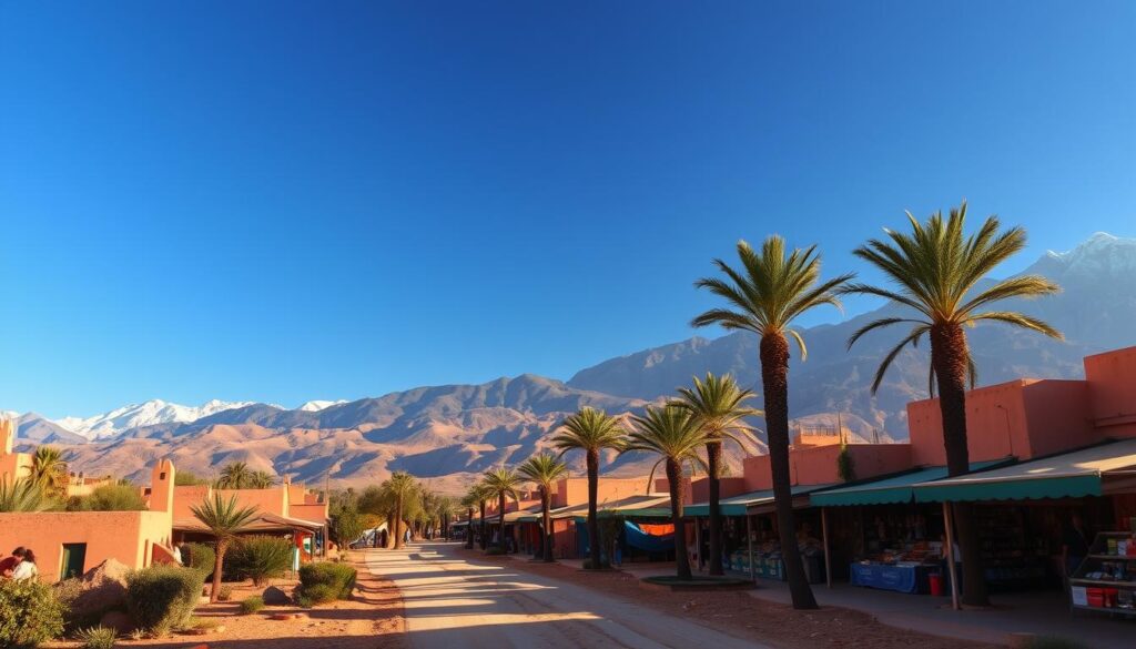 Majestic Atlas Mountains rise in the distance, their snow-capped peaks piercing the azure sky. In the foreground, a winding dirt road leads through a lush, palm-fringed oasis, flanked by traditional Moroccan adobe houses and vibrant market stalls. Warm, golden sunlight bathes the scene, casting long shadows and lending an enchanting, timeless quality. MyVisitMorocco - Discover a land of breathtaking natural beauty, rich cultural heritage, and timeless charm.
