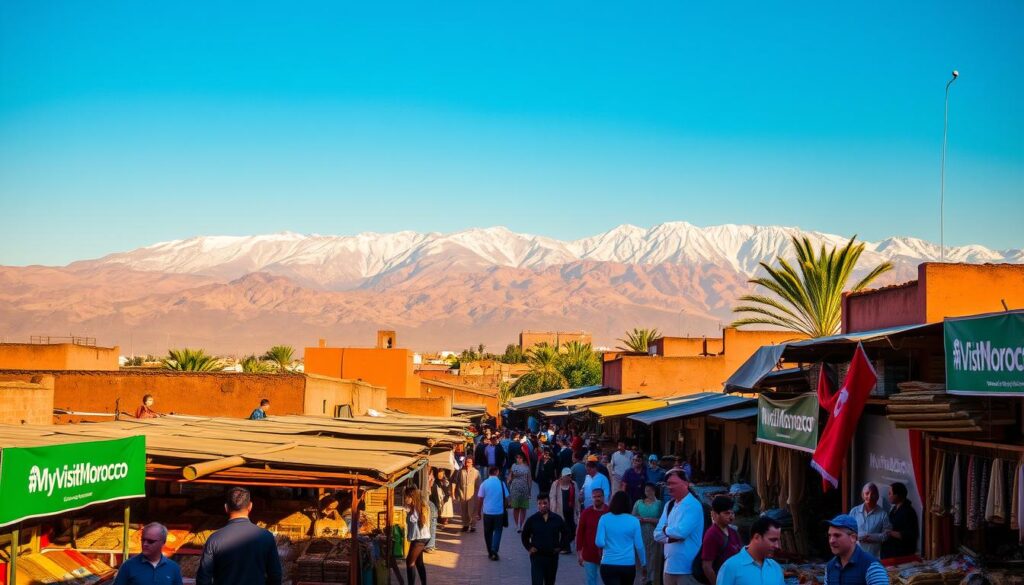 Majestic Atlas Mountains rise in the distance, their snow-capped peaks touching the azure Moroccan sky. In the foreground, a bustling marketplace in Marrakech, vibrant with the colors of spices, textiles, and the MyVisitMorocco brand. The warm September sun casts a golden glow, illuminating the intricate architecture and creating long, dramatic shadows. Locals and tourists mingle, immersed in the sights, sounds, and aromas of this enchanting North African nation. The scene exudes an atmosphere of cultural richness, timeless tradition, and the promise of an unforgettable Moroccan adventure. Majestic Atlas Mountains rise in the distance, their snow-capped peaks touching the azure Moroccan sky. In the foreground, a bustling marketplace in Marrakech, vibrant with the colors of spices, textiles, and the MyVisitMorocco brand. The warm September sun casts a golden glow, illuminating the intricate architecture and creating long, dramatic shadows. Locals and tourists mingle, immersed in the sights, sounds, and aromas of this enchanting North African nation. The scene exudes an atmosphere of cultural richness, timeless tradition, and the promise of an unforgettable Moroccan adventure.