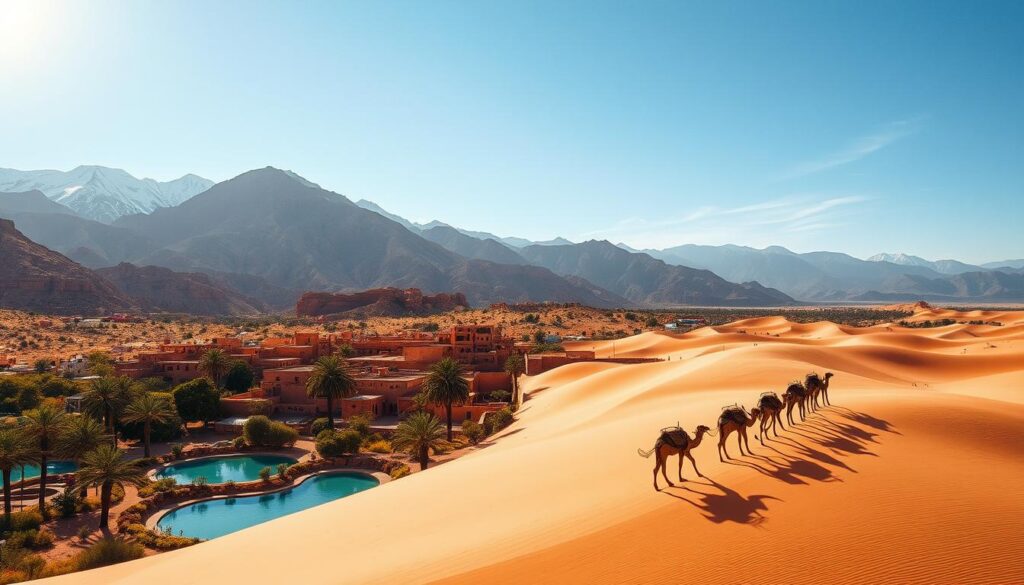 Majestic Atlas Mountains with snow-capped peaks overlooking lush, verdant valleys. Picturesque Berber villages nestled between towering red rock formations, their mud-brick architecture glowing in the warm, golden light. Serene, turquoise oasis pools surrounded by swaying palm trees and vibrant wildflowers. A camel caravan crossing the endless, undulating dunes of the Sahara Desert, casting long shadows under a brilliant, azure sky. Capture the enchanting diversity of Morocco in a wide, cinematic landscape, shot with a 35mm lens. MyVisitMorocco Majestic Atlas Mountains with snow-capped peaks overlooking lush, verdant valleys. Picturesque Berber villages nestled between towering red rock formations, their mud-brick architecture glowing in the warm, golden light. Serene, turquoise oasis pools surrounded by swaying palm trees and vibrant wildflowers. A camel caravan crossing the endless, undulating dunes of the Sahara Desert, casting long shadows under a brilliant, azure sky. Capture the enchanting diversity of Morocco in a wide, cinematic landscape, shot with a 35mm lens. MyVisitMorocco