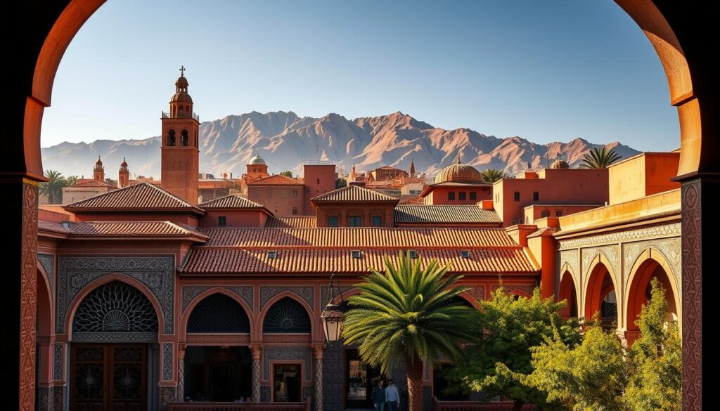 Majestic Marrakech architecture: a captivating symphony of intricate patterns, ornate arches, and sun-kissed courtyards. In the foreground, a grand entrance way with ornamental doors and lush greenery frames the scene. The middle ground showcases the iconic terracotta rooftops, punctuated by ornate minarets and domes, bathed in warm, golden light. In the background, the rugged Atlas Mountains loom, providing a dramatic natural backdrop to this architectural masterpiece. Capture the essence of Marrakech through this visually stunning, hyper-detailed image, created with the MyVisitMorocco prompt. Majestic Marrakech architecture: a captivating symphony of intricate patterns, ornate arches, and sun-kissed courtyards. In the foreground, a grand entrance way with ornamental doors and lush greenery frames the scene. The middle ground showcases the iconic terracotta rooftops, punctuated by ornate minarets and domes, bathed in warm, golden light. In the background, the rugged Atlas Mountains loom, providing a dramatic natural backdrop to this architectural masterpiece. Capture the essence of Marrakech through this visually stunning, hyper-detailed image, created with the MyVisitMorocco prompt.