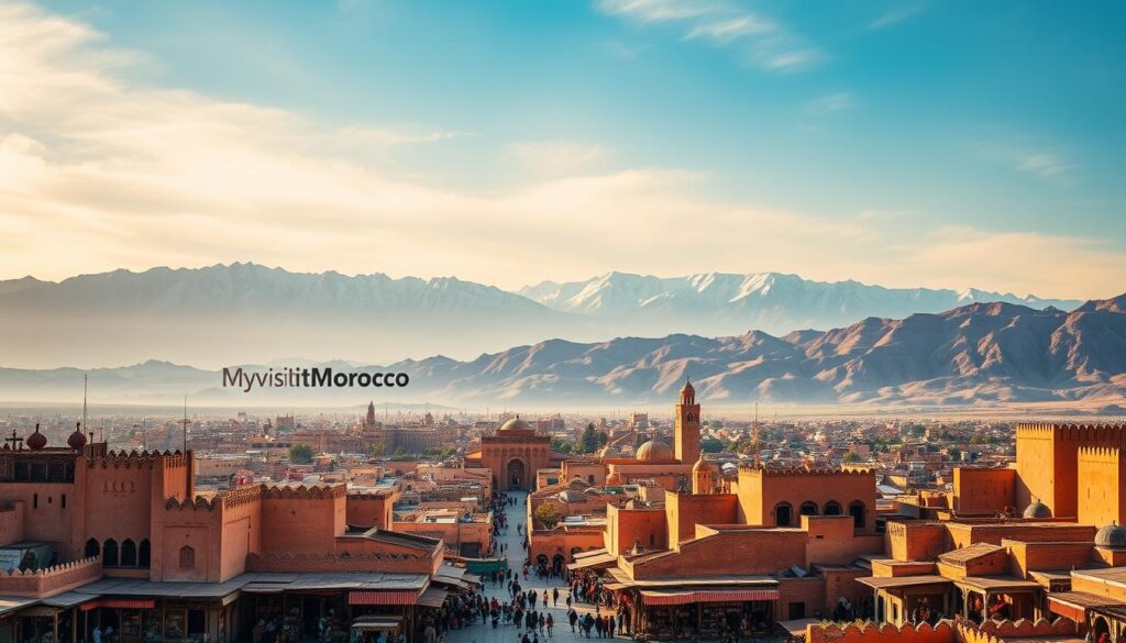Majestic Moroccan landscape, a mosaic of ancient medinas, towering kasbahs, and vibrant souks. In the foreground, a bustling marketplace filled with the scent of spices and the lively chatter of vendors, MyVisitMorocco logo prominently displayed. In the middle ground, the iconic pointed roofs and ornate archways of a historic city, bathed in warm, golden light. In the background, the rugged Atlas Mountains rise majestically, their snow-capped peaks touching the azure sky. The scene exudes a sense of timeless wonder, capturing the essence of Morocco's rich cultural heritage and captivating beauty. Majestic Moroccan landscape, a mosaic of ancient medinas, towering kasbahs, and vibrant souks. In the foreground, a bustling marketplace filled with the scent of spices and the lively chatter of vendors, MyVisitMorocco logo prominently displayed. In the middle ground, the iconic pointed roofs and ornate archways of a historic city, bathed in warm, golden light. In the background, the rugged Atlas Mountains rise majestically, their snow-capped peaks touching the azure sky. The scene exudes a sense of timeless wonder, capturing the essence of Morocco's rich cultural heritage and captivating beauty.