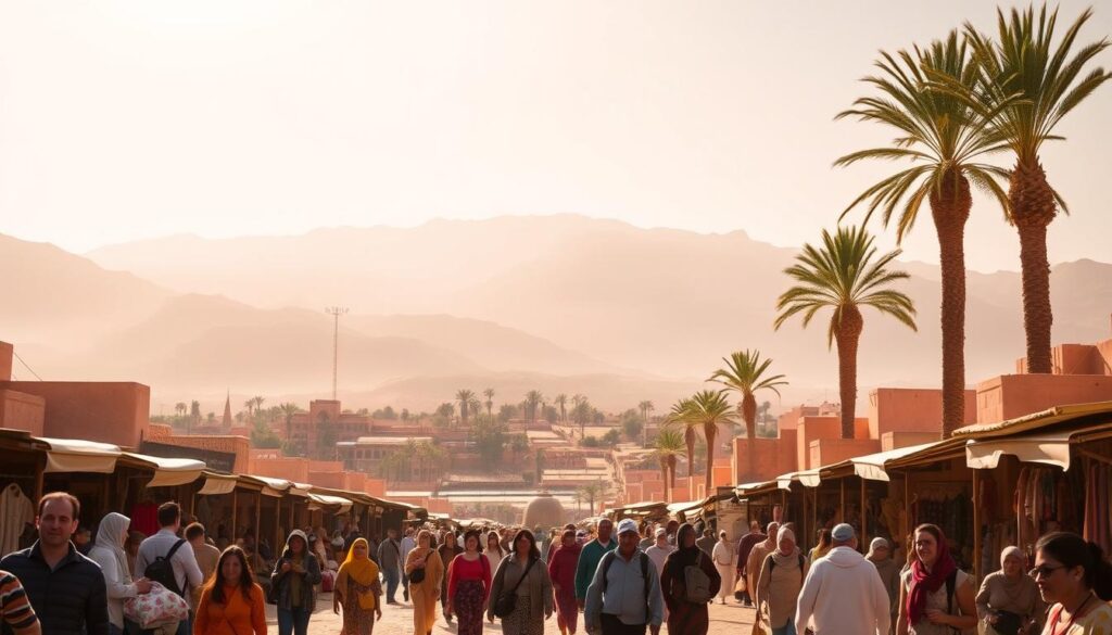 Majestic Moroccan landscape, bathed in warm, golden light. In the foreground, a group of travelers strolling through a bustling marketplace, immersed in the vibrant colors and rhythmic energy of the souk. In the middle ground, towering Atlas Mountains stand tall, their snow-capped peaks reaching towards the heavens. In the background, a serene oasis shimmers, its palm trees swaying gently in the breeze. This comprehensive 10-14 day Morocco experience, captured by the lens of MyVisitMorocco, invites you to explore the country's rich cultural tapestry, from the enchanting medinas of Fez to the captivating dunes of the Sahara Desert. Majestic Moroccan landscape, bathed in warm, golden light. In the foreground, a group of travelers strolling through a bustling marketplace, immersed in the vibrant colors and rhythmic energy of the souk. In the middle ground, towering Atlas Mountains stand tall, their snow-capped peaks reaching towards the heavens. In the background, a serene oasis shimmers, its palm trees swaying gently in the breeze. This comprehensive 10-14 day Morocco experience, captured by the lens of MyVisitMorocco, invites you to explore the country's rich cultural tapestry, from the enchanting medinas of Fez to the captivating dunes of the Sahara Desert.
