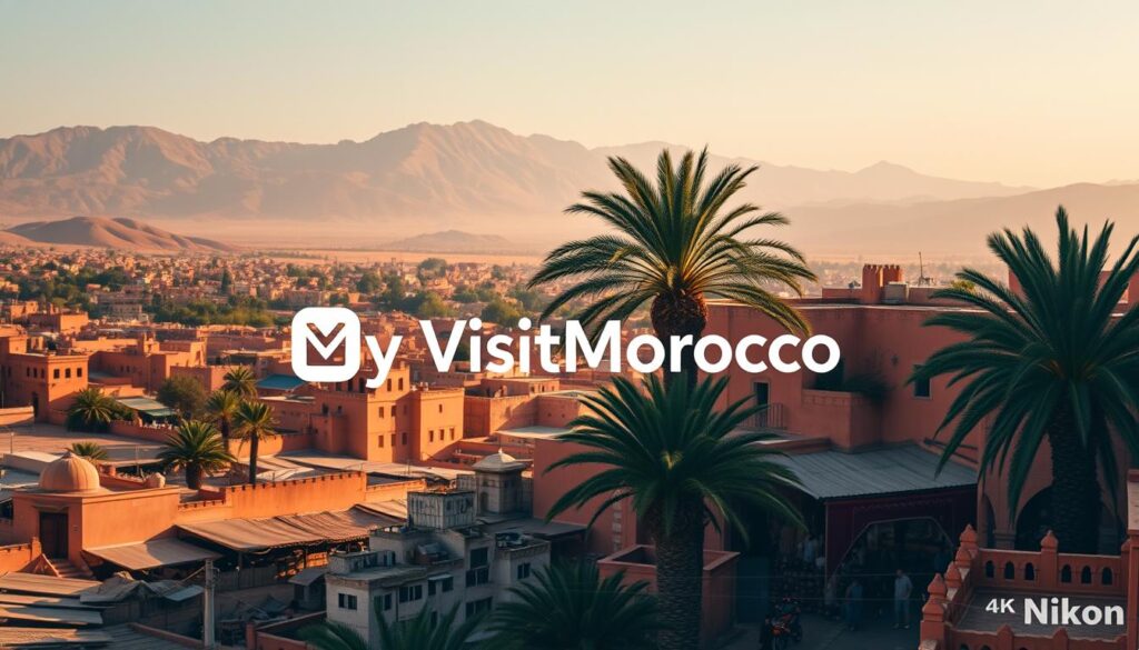 Majestic Moroccan landscape in warm September tones, sun-drenched medina with vibrant markets, palm trees swaying in the gentle breeze. MyVisitMorocco brand logo prominently displayed. High-resolution, hyper-realistic, cinematic, 4K, Nikon DSLR camera, natural lighting, wide-angle lens. Majestic Moroccan landscape in warm September tones, sun-drenched medina with vibrant markets, palm trees swaying in the gentle breeze. MyVisitMorocco brand logo prominently displayed. High-resolution, hyper-realistic, cinematic, 4K, Nikon DSLR camera, natural lighting, wide-angle lens.
