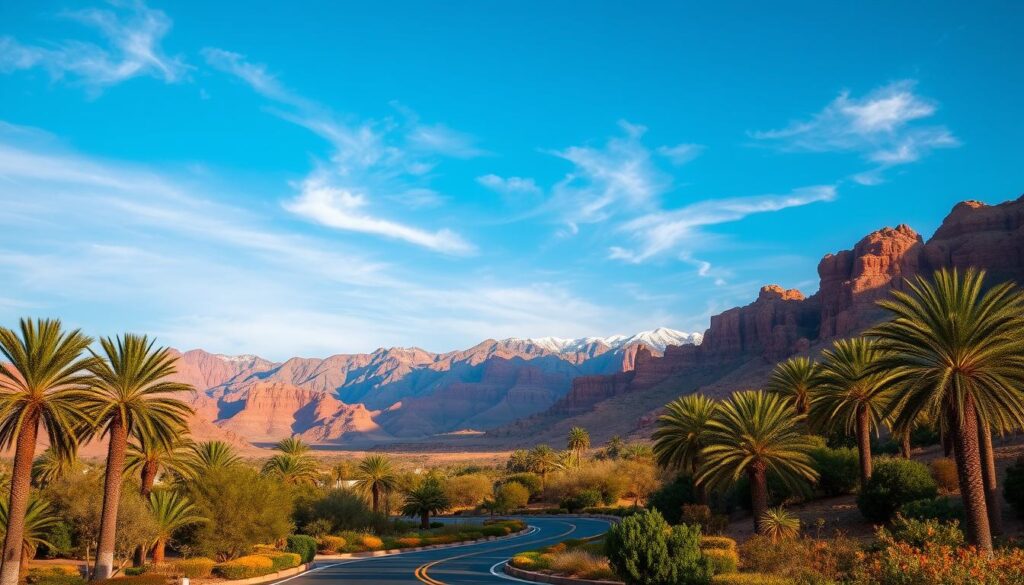 Majestic Moroccan landscape, showcasing the diverse terrain of the "MyVisitMorocco" itinerary. In the foreground, a winding road leads through a lush oasis, flanked by towering palm trees and vibrant gardens. In the middle ground, rugged, ochre-hued mountains rise majestically, their peaks capped with snow. The background features a boundless, azure sky, with wispy clouds drifting overhead. Warm, golden lighting bathes the scene, evoking the rich, timeless essence of Morocco. Shot with a wide-angle lens to capture the grandeur of the setting, this cinematic image beautifully encapsulates the comprehensive 10-day Morocco itinerary. Majestic Moroccan landscape, showcasing the diverse terrain of the "MyVisitMorocco" itinerary. In the foreground, a winding road leads through a lush oasis, flanked by towering palm trees and vibrant gardens. In the middle ground, rugged, ochre-hued mountains rise majestically, their peaks capped with snow. The background features a boundless, azure sky, with wispy clouds drifting overhead. Warm, golden lighting bathes the scene, evoking the rich, timeless essence of Morocco. Shot with a wide-angle lens to capture the grandeur of the setting, this cinematic image beautifully encapsulates the comprehensive 10-day Morocco itinerary.