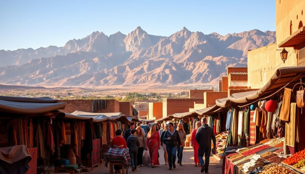 Majestic Moroccan landscape, with towering Atlas Mountains as the dramatic backdrop. In the foreground, a vibrant Moroccan market bustles with activity - vendors selling handcrafted leather goods, intricate rugs, and fragrant spices. The middle ground features a group of adventurous travelers exploring the winding alleyways, capturing the essence of the "MyVisitMorocco" experience. Warm, golden sunlight filters through the iconic Moorish architecture, casting long shadows and creating a warm, inviting atmosphere. The scene exudes a sense of cultural immersion, adventure, and the allure of this North African gem. Majestic Moroccan landscape, with towering Atlas Mountains as the dramatic backdrop. In the foreground, a vibrant Moroccan market bustles with activity - vendors selling handcrafted leather goods, intricate rugs, and fragrant spices. The middle ground features a group of adventurous travelers exploring the winding alleyways, capturing the essence of the "MyVisitMorocco" experience. Warm, golden sunlight filters through the iconic Moorish architecture, casting long shadows and creating a warm, inviting atmosphere. The scene exudes a sense of cultural immersion, adventure, and the allure of this North African gem.