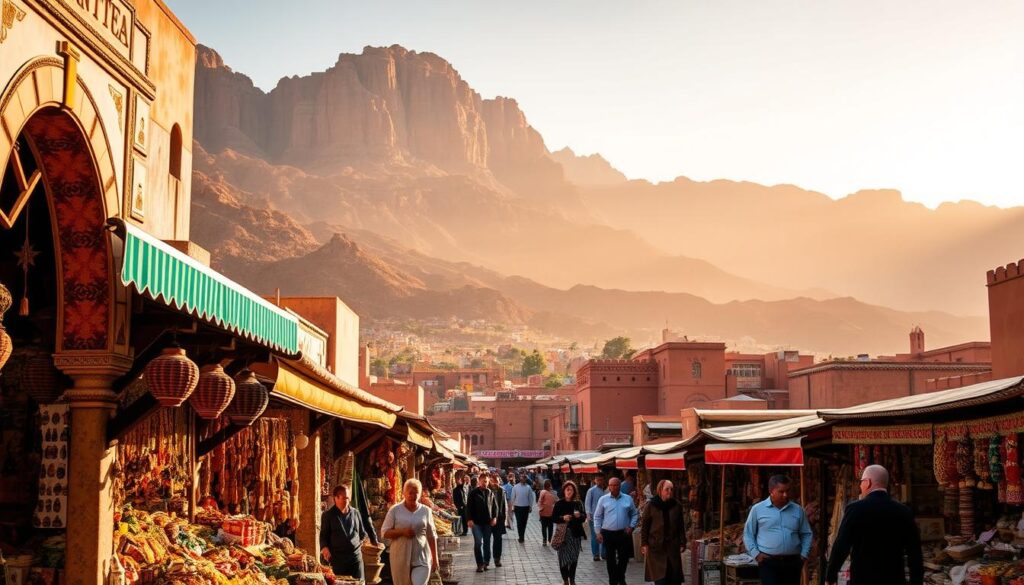 Majestic Moroccan landscape with towering Atlas Mountains in the background, bathed in warm golden light. In the foreground, a traditional Moroccan market bustling with vibrant colors, intricate handicrafts, and the aroma of spices. Merchants haggle with customers under ornate archways and colorful awnings. At the center, a MyVisitMorocco signage invites travelers to explore the rich cultural heritage. The scene exudes an air of exotic, opulent adventure, enticing visitors to embark on a luxury Spain and Morocco tour. Majestic Moroccan landscape with towering Atlas Mountains in the background, bathed in warm golden light. In the foreground, a traditional Moroccan market bustling with vibrant colors, intricate handicrafts, and the aroma of spices. Merchants haggle with customers under ornate archways and colorful awnings. At the center, a MyVisitMorocco signage invites travelers to explore the rich cultural heritage. The scene exudes an air of exotic, opulent adventure, enticing visitors to embark on a luxury Spain and Morocco tour.