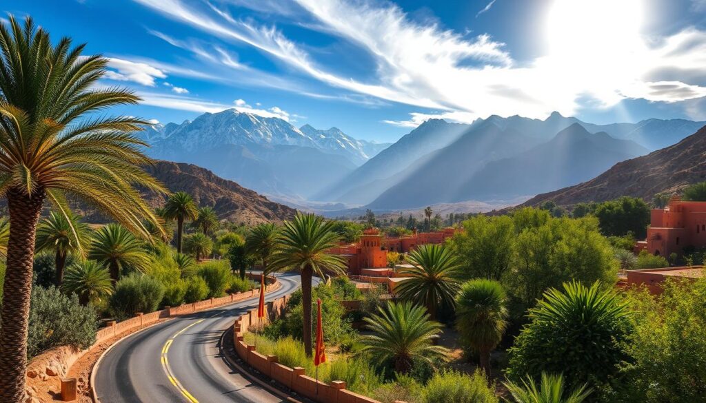 Majestic Moroccan landscapes, a panoramic vista of towering Atlas Mountains, their snow-capped peaks piercing the azure sky. In the foreground, a winding road leading through a vibrant oasis, flanked by swaying palm trees and lush, verdant foliage. Sunlight filters through wispy clouds, casting a warm, golden glow over the terracotta-hued buildings of a quaint Berber village. MyVisitMorocco - the enchanting world of Moroccan travel, captured through the lens of a wide-angle camera. Majestic Moroccan landscapes, a panoramic vista of towering Atlas Mountains, their snow-capped peaks piercing the azure sky. In the foreground, a winding road leading through a vibrant oasis, flanked by swaying palm trees and lush, verdant foliage. Sunlight filters through wispy clouds, casting a warm, golden glow over the terracotta-hued buildings of a quaint Berber village. MyVisitMorocco - the enchanting world of Moroccan travel, captured through the lens of a wide-angle camera.