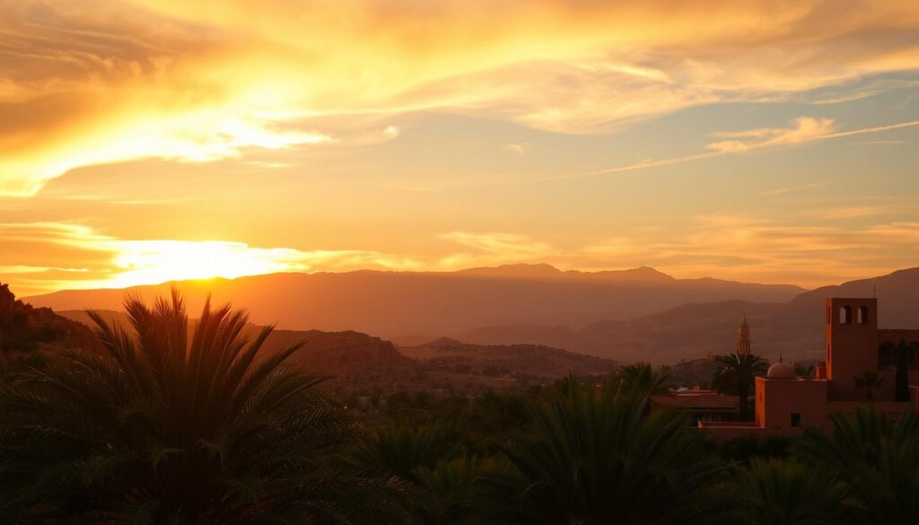 Majestic Moroccan sunset over the Atlas Mountains, late September. Warm, golden light filters through wispy clouds, casting a soft glow over the rugged landscape. In the foreground, a lush, verdant palm oasis sways gently in the light breeze. Elegant adobe buildings and minarets dot the horizon, their terracotta hues complementing the natural palette. The sky transitions from vibrant oranges to deep indigos, hinting at the temperate, pleasant weather ideal for the MyVisitMorocco traveler. A sense of tranquility and timelessness pervades the scene.