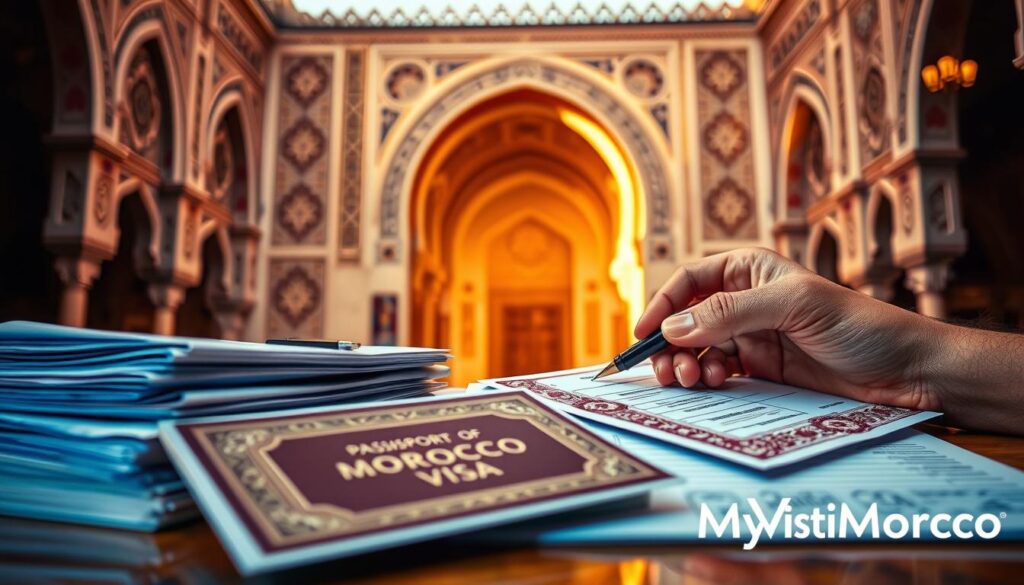 Majestic Moroccan visa requirements, showcased against a backdrop of intricate Moorish architecture. In the foreground, a stack of official documents, passports, and a close-up of a Moroccan visa stamp, all meticulously detailed. The middle ground features a hand holding a pen, poised to fill out the visa application form, illuminated by warm, golden lighting. In the background, a grand, ornate archway frames the scene, conveying the sense of grandeur and cultural heritage of Morocco. The MyVisitMorocco logo discreetly adorns the corner, adding an authentic touch to this visually captivating and informative image.