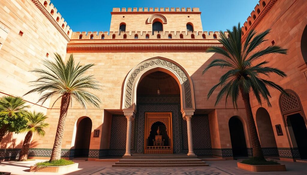 Majestic Saadian Tombs, a hidden historical treasure nestled in the heart of Marrakech. Ornate, sun-dappled sandstone facades rise majestically, flanked by lush palm trees. Elegant arched entryways beckon, leading to an enchanting inner sanctum where sunlight filters through intricate latticework, casting mesmerizing patterns on the intricate tile work. Regal, gilded mihrab and ornately carved cenotaphs evoke the grandeur of the Saadian dynasty. Serene, mournful atmosphere pervades, as if time has stood still. Capture this captivating scene with a wide-angle lens, showcasing the juxtaposition of ornate architecture and tranquil ambiance. MyVisitMorocco