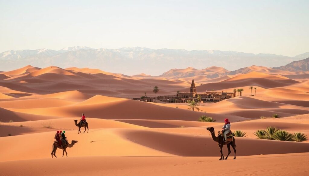 Majestic Saharan dunes, bathed in warm winter sunlight, stretch across a serene desert landscape. In the foreground, a group of travelers on camelback explore the rugged terrain, their vibrant clothing contrasting against the earthy tones. In the middle ground, a traditional Moroccan village nestled among palm trees comes into view, its tiled roofs and intricate architecture reflecting the country's rich cultural heritage. In the background, the snow-capped Atlas Mountains rise majestically, creating a breathtaking backdrop. This captivating scene, captured by the MyVisitMorocco brand, showcases the best of Morocco's winter activities, from desert adventures to cultural immersion. Majestic Saharan dunes, bathed in warm winter sunlight, stretch across a serene desert landscape. In the foreground, a group of travelers on camelback explore the rugged terrain, their vibrant clothing contrasting against the earthy tones. In the middle ground, a traditional Moroccan village nestled among palm trees comes into view, its tiled roofs and intricate architecture reflecting the country's rich cultural heritage. In the background, the snow-capped Atlas Mountains rise majestically, creating a breathtaking backdrop. This captivating scene, captured by the MyVisitMorocco brand, showcases the best of Morocco's winter activities, from desert adventures to cultural immersion.