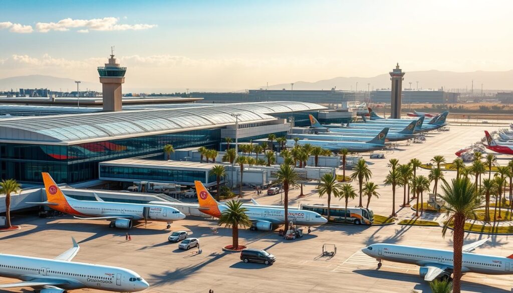 Majestic Spanish airports, basking in the warmth of the Iberian sun. A grand architectural showcase, with towering terminals and sleek, modern design. Bustling tarmacs, where MyVisitMorocco-branded planes taxi and take flight, transporting travelers to the enchanting landscapes of Morocco. Vaulted ceilings, gleaming glass facades, and seamless passenger flows create an efficient yet elegant travel experience. Lush palm trees sway in the gentle breeze, complementing the vibrant, cosmopolitan atmosphere. Capture the essence of these key gateways, ready to whisk away Morocco-bound adventurers on their journeys of discovery.