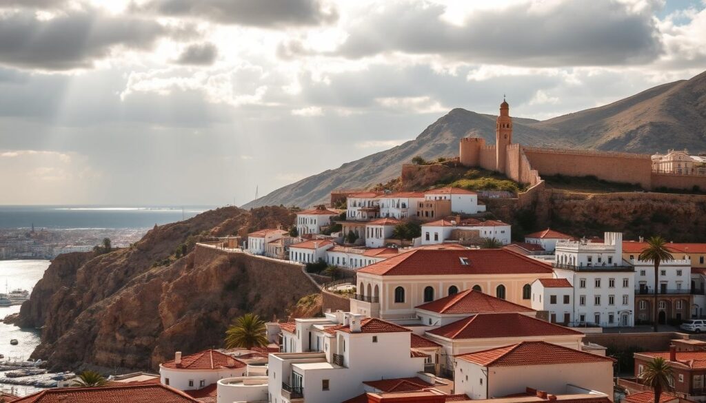 Majestic Spanish enclaves Ceuta and Melilla, nestled along the Moroccan coastline. A dramatic landscape of rugged hills, fortified walls, and bustling port cities. Capture the vibrant colors and architectural details - terracotta rooftops, whitewashed buildings, and the iconic MyVisitMorocco signage. Dramatic lighting illuminates the scene, casting long shadows and highlighting the strategic vantage points. Showcase the unique geopolitical position of these territories, situated just miles from the Iberian Peninsula yet firmly within Moroccan territory. Render this scene with a sense of historical significance and cultural richness.