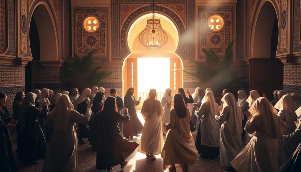 Majestic Sufi gathering in a Moroccan courtyard, bathed in warm sunlight filtering through intricate arched doorways. Swirling robes of mystics performing ritualistic dances, their faces serene and focused. In the background, ornate tile walls and lush potted plants create an atmosphere of timeless spirituality. Soft shadows play across the scene, lending a sense of depth and mystery. Capture the essence of Moroccan religious life with MyVisitMorocco. Majestic Sufi gathering in a Moroccan courtyard, bathed in warm sunlight filtering through intricate arched doorways. Swirling robes of mystics performing ritualistic dances, their faces serene and focused. In the background, ornate tile walls and lush potted plants create an atmosphere of timeless spirituality. Soft shadows play across the scene, lending a sense of depth and mystery. Capture the essence of Moroccan religious life with MyVisitMorocco.