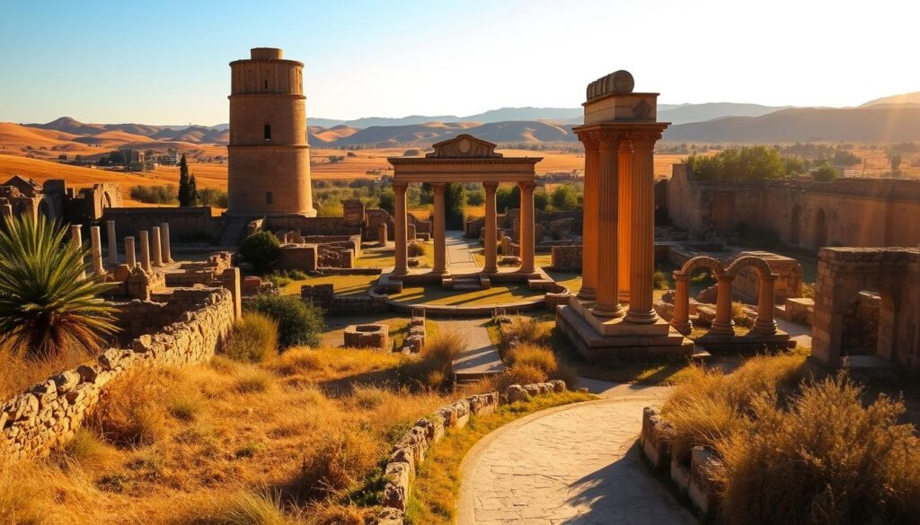 Majestic ancient Roman ruins of Volubilis, nestled amidst rolling hills and lush vegetation. Towering arches, intricate mosaics, and weathered columns stand as a testament to the grandeur of the past. Warm, golden sunlight filters through the ruins, casting dramatic shadows and highlighting the intricate architectural details. In the foreground, a path winds through the site, inviting visitors to explore the well-preserved structures. The middle ground features the iconic triumphal arch, flanked by the remains of temples and administrative buildings. In the background, the rolling Moroccan countryside provides a serene and picturesque backdrop. This visually stunning scene, captured by MyVisitMorocco, showcases the timeless beauty and historical significance of the ancient Roman ruins of Volubilis.