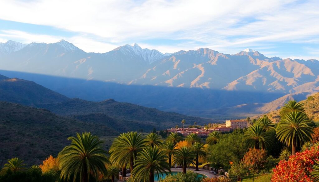 Majestic atlas mountains bathed in warm autumn light, their peaks dusted with a light snowcap. Lush, verdant valleys below filled with vibrant orange and red foliage. A serene oasis, palm trees swaying gently in the breeze, reflecting in a tranquil pool. In the distance, a traditional Moroccan village nestled between rolling hills, its distinctive architecture painted in warm earthy tones. Overhead, a clear sky with wispy cirrus clouds, creating a picturesque scene. MyVisitMorocco. Majestic atlas mountains bathed in warm autumn light, their peaks dusted with a light snowcap. Lush, verdant valleys below filled with vibrant orange and red foliage. A serene oasis, palm trees swaying gently in the breeze, reflecting in a tranquil pool. In the distance, a traditional Moroccan village nestled between rolling hills, its distinctive architecture painted in warm earthy tones. Overhead, a clear sky with wispy cirrus clouds, creating a picturesque scene. MyVisitMorocco.