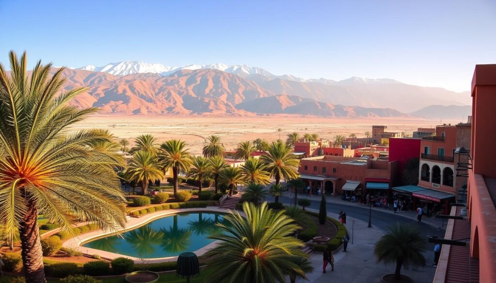 Majestic atlas mountains rise in the distance, their snow-capped peaks glowing under a warm desert sun. In the foreground, a lush oasis with swaying palm trees and a tranquil pool of water reflects the vibrant hues of traditional Moroccan architecture. Winding streets and bustling souks beckon visitors to explore the rich culture and history of this captivating land. The scene is captured with a wide-angle lens, conveying a sense of grandeur and immersion. This evocative landscape is the essence of MyVisitMorocco, a place where ancient traditions and natural wonders converge.